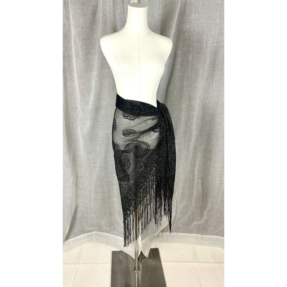 Paisley Black Metallic Shawl With Fringe Sheer Sparkle Witchy Boho Festival OS